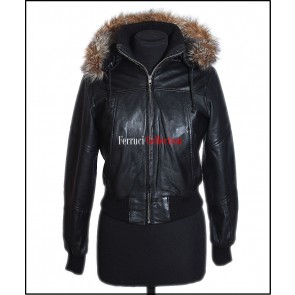 Matilda Black Ladies Fur Hooded Casual Fashion Real Lambskin leather Jacket