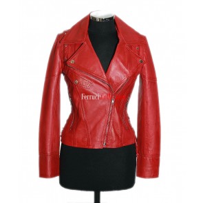 Ivy Red Ladies New Biker Style Fashion Real Soft Lamsbkin Fitted Leather Jacket