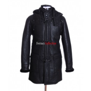 Men's Black New Smart Winter Real Shearling Sheepskin Leather Duffle Coat