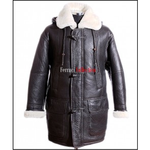 Theo Brown Mens Smart Winter Real Shearling Sheepskin Hooded Leather Duffle Coat