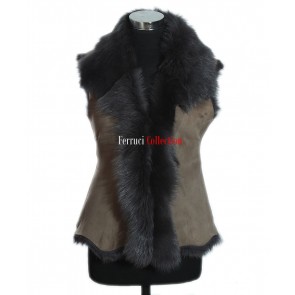 Elizabeth Beige / Slate Grey Fur Ladies Toscana Sheepskin Gilet Waistcoat
