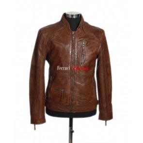 Fernando Brown Men's Retro Style Casual Real Sheep Leather Fitted Fashion Jacket