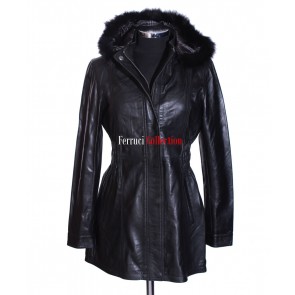 Ladies Juliet Black Casual Fur Hooded Lambskin Leather Jacket Trench Coat