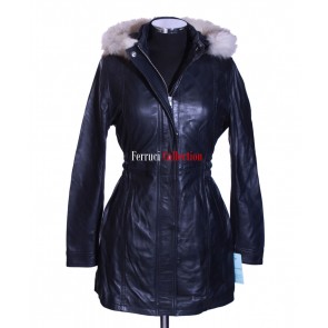 Ladies Juliet Blue Casual Fur Hooded Lambskin Leather Jacket Trench Coat