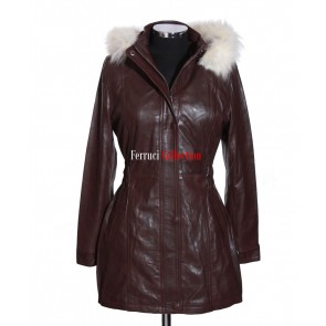 Ladies Juliet Brown Casual Fur Hooded Lambskin Leather Jacket Trench Coat