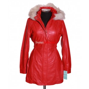 Ladies Juliet Red Casual Fur Hooded Lambskin Leather Jacket Trench Coat