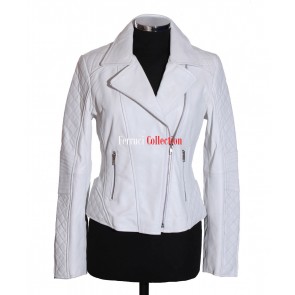 Ladies Madonna White New Biker Style Quilted Real Lambskin Nappa Jacket