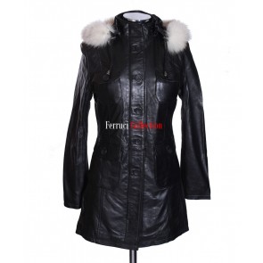 Ladies Michelle Black White Fur Hooded Real Lambskin Nappa Parka Coat