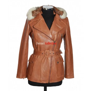 Ladies Diaz Tan Hooded Designer Real Lambskin Leather Jacket