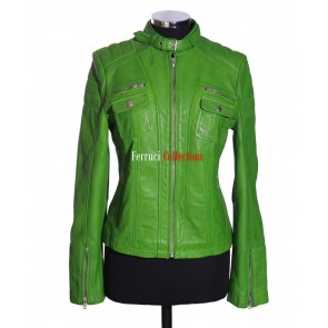 Ladies Julia Lime Green New Soft Lambskin Nappa Biker Style Jacket