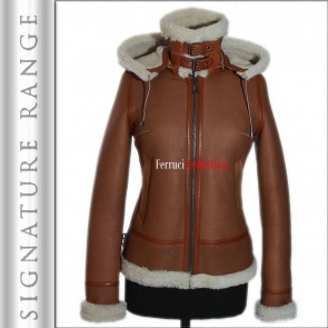 'Signature' Ladies B3 New Tan Hooded Real Marino Shearling Sheepskin Jacket