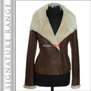 'Signature' Maria Rust Brown / White Ladies Marino Shearling Sheepskin Jacket