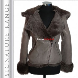 'Signature' Megan Grey Hooded Ladies Biker Style Real Toscana Sheepskin Jacket