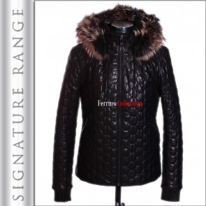 'Signature' Soviet Black Men's Real Fur Hooded Quilted Lambskin Leather Jacket