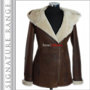 'Signature' Sophia Rust Brown / White Ladies Hooded Marino Sheepskin Coat