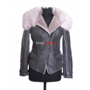 Eleanor Grey Ladies Short Biker Style Real Shearling Sheepskin Leather Jacket