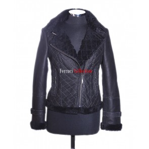 Cecily Black Ladies Short Biker Style Real Shearling Sheepskin Leather Jacket